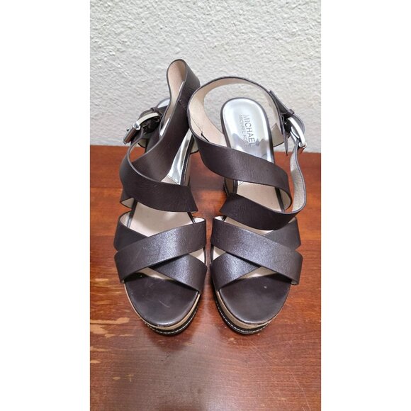 Michael Kors Brown Leather /Suede Strappy Platform Wedge Sandals Size 9 - Picture 2 of 8